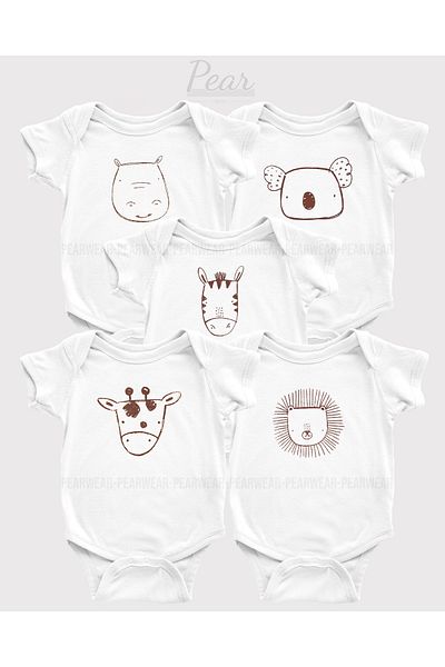 Pear Wear Animals Cute Animals Printed 5-Piece Baby Bodysuit Set 5-Piece Baby Bodysuit