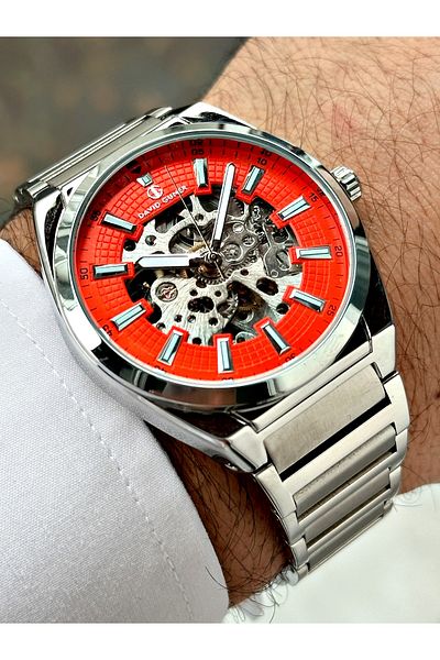 DAVID GUNER Men's Wrist Watch with Automatic Mechanism Silver-Red Color Steel Band 8653A11