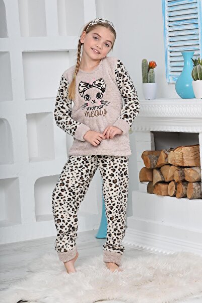 Mutlu City Комплект пижама от поларено руно за момичета в кремав цвят с леопардов мотив - Нов сезон 4103