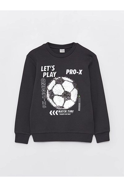 LC Waikiki Lcw Kids Anthracite Crew Neck Printed Reversible Sequined Long Sleeve Boys T-Shirt