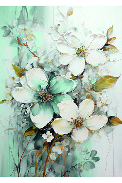 Harikabirev HARİKABİREV|MİNT YEŞİLİ-GOLD-GRİ SEVİLEN ÇİÇEK YAPRAK KOMBİNİ|ÇERÇEVELİ TEMPERLİ CAM TABLO 3LÜ YATAY