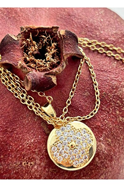 juleeco Yuvarlak Ortası Taşlı Çiçek Gold Çelik Kolye