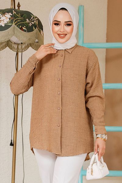 Neva Style Cămașă Hijab Gingham Biscuit - 70901BS