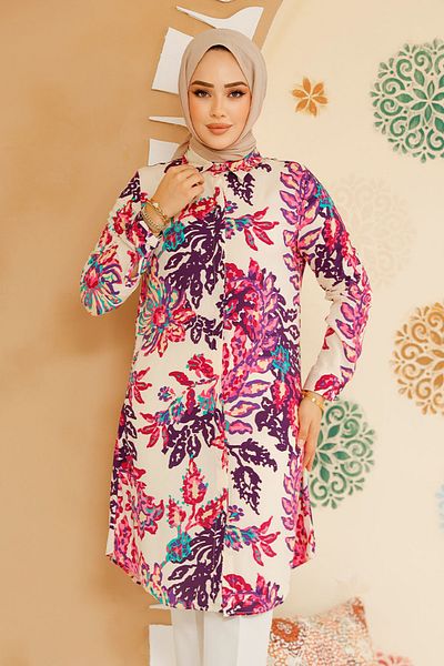 Neva Style Pink Patterned Hijab Tunic - 11713P