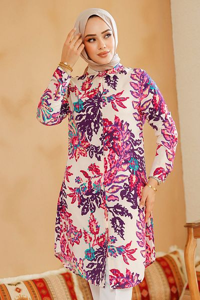Neva Style Pink Patterned Hijab Tunic - 11713P