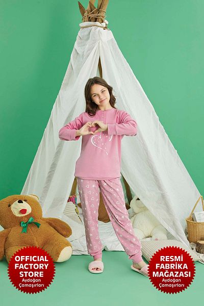 Aydoğan Pink Pajama Set for Girls - 100% Cotton, Long Sleeve, A11-1 - 240722   - Aydogan ®
