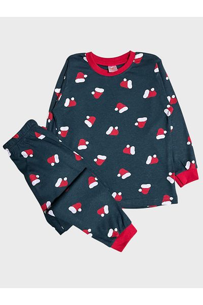 elmas kids Girl's 100% Cotton Petrol Green Santa Claus Hat New Year's Themed Pajamas Set
