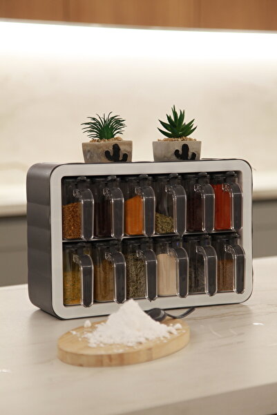 biedda Standlı 12 Li Kaşıklı Kapaklı Baharatlık Takımı-gri- Beyaz Tezgah Üstü...