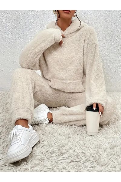 Moka Shopin Mokashopin Women's Long Sleeve Hooded Front Pocket Plush Bottom and Top Double Set