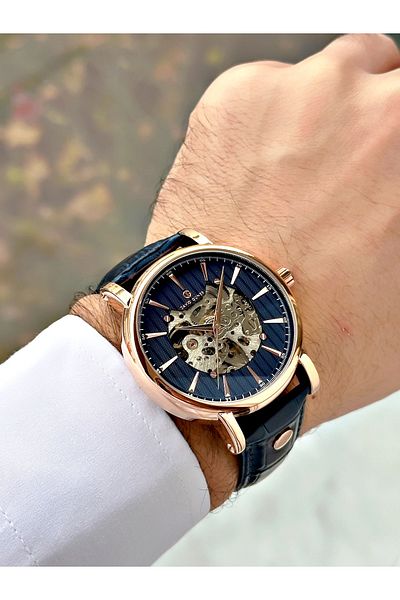 DAVID GUNER Men Wrist Watch with Automatic Mechanism Navy Blue Color Leather Band 8232B