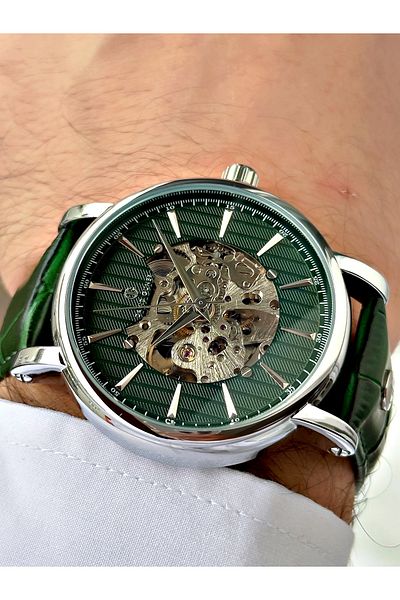 DAVID GUNER Men Wrist Watch with Automatic Mechanism Green Color Leather Band 8232Zm10
