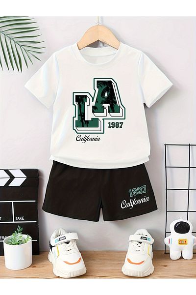 Let's Wear Premium Los Angeles California Printed Children's Bottom Top T-Shirt Set