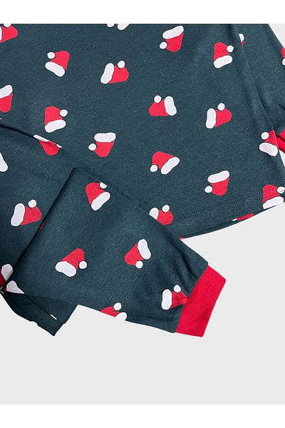elmas kids Girl's 100% Cotton Petrol Green Santa Claus Hat New Year's Themed Pajamas Set