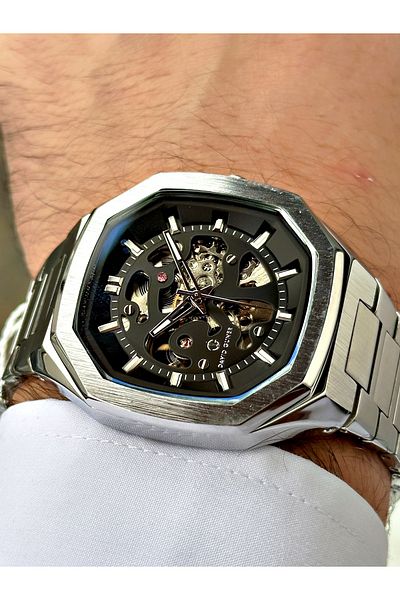 DAVID GUNER Men's Wrist Watch with Automatic Mechanism Silver-Black Color Steel Band 8501A2