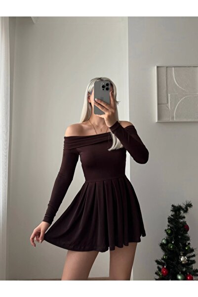 Zora Butik Madonna Yaka Pileli Elbise - ACI KAHVE