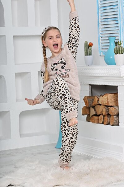 Mutlu City Комплект пижама от поларено руно за момичета в кремав цвят с леопардов мотив - Нов сезон 4103