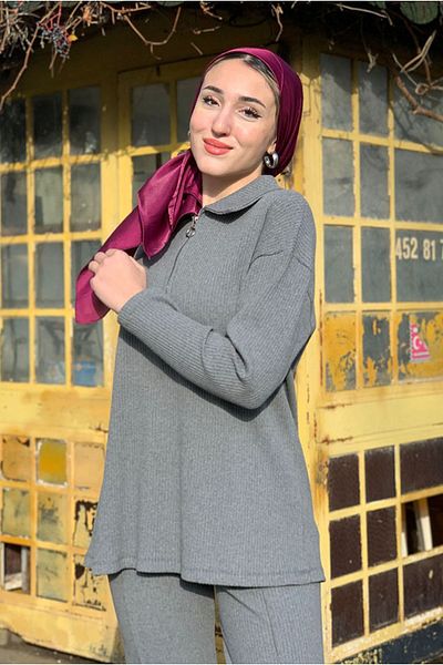 Moda Rosa 25K2233 - Grey Semi Zippered Fille Suit