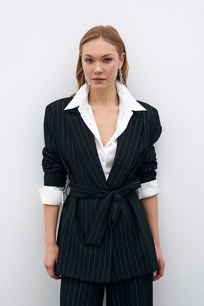 Sateen Glitter Striped Belted Jacket - Black Striped