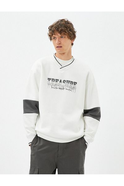 Koton Oversize Sweatshirt College Printed V-Neck Color Block Raised