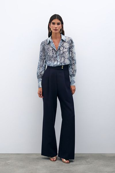 Sateen Μπλε Navy Παντελόνι με Λεπτομέρεια Μέσης