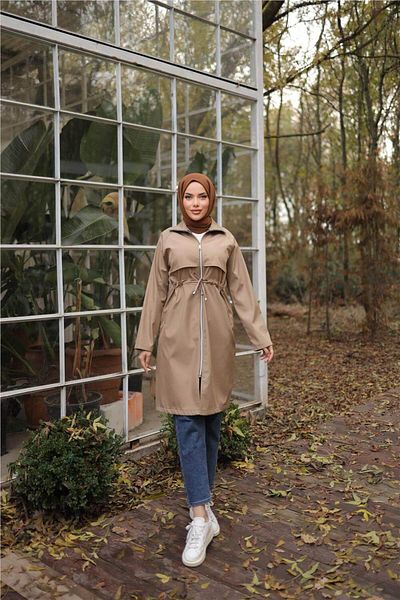 Bwest Long Trench Coat with Zipper and Two Side Pockets and Waist Laces - (38-46) - 71232 - Mink