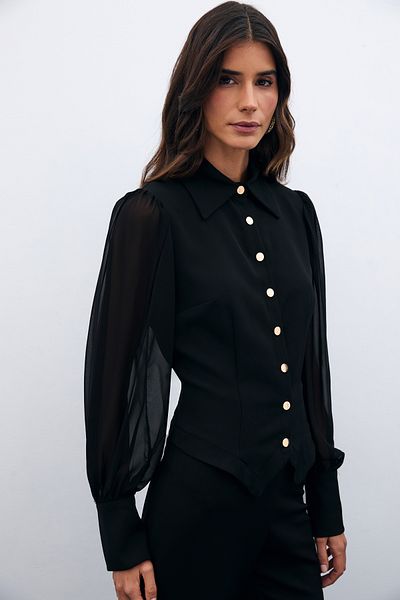 Sateen قميص شيفون بأكمام وأشرطة