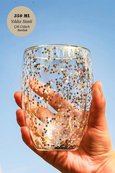 Maridet Yıldız Simli Çift Cidarlı Isıya Dayanıklı Borosilikat Cam Sunum Bardağı 4 Adet