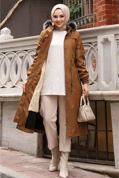 ALNİSS COLLECTİON Αδιάβροχο γυναικείο παλτό με αποσπώμενη κουκούλα με ριμπ γούνα