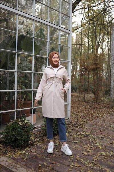 Bwest Long Trench Coat with Zipper and Two Side Pockets and Waist Laces - (38-46) - 71232 - Stone