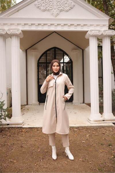 Bwest Long Trench Coat with Zipper and Two Side Pockets - (38-46) - 71231 - Stone