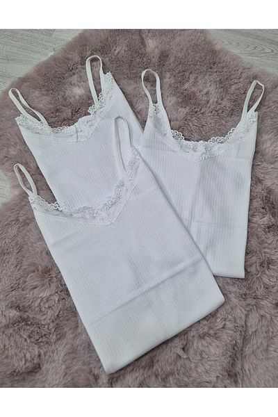 HS İÇ GİYİM Women's 3-Piece White Ribbed Cotton V-Neck Tank Top