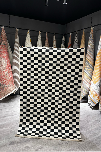 kilim home Mars Halı Dama Desenli Krem Siyah Salon Halısı Mutfak Halısı Yollu...