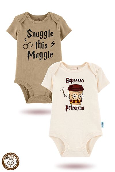 MAHFEL 2-Piece 100% Cotton Organic Printed Snap Fastener Baby Bodysuit