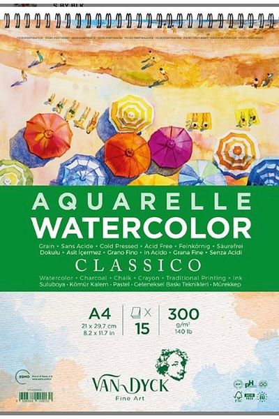 Van Dyck Watercolor Block Classico Textured Cldpres A4 Top Spiral 15 Sheets