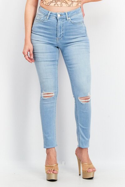 NA-KD Reborn Women Skinny Fit Rip Non-Stretchable Jeans, Light Blue