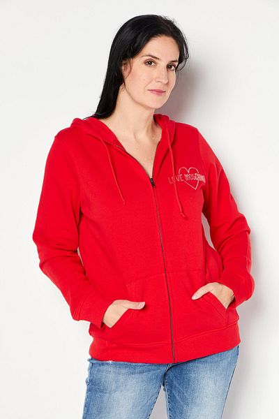 Love Moschino Women Hooded Neck Rhinestone Full Zip Sweatshirt, Red