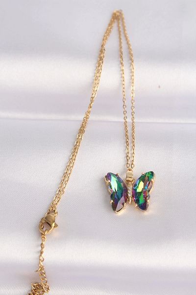 Clariss 316L Steel Chain Gold Color Chain Green Butterfly Model Colorful Zircon Stone Necklace