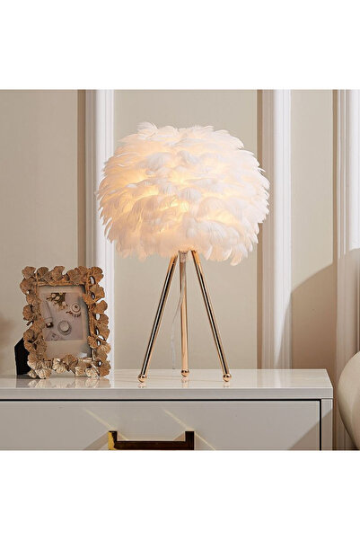 burenze Modern Luxury Tasarım Mona Lisa Tüylü Abajur Eskitme Gold Sarı Beyaz Tüy Görünüm