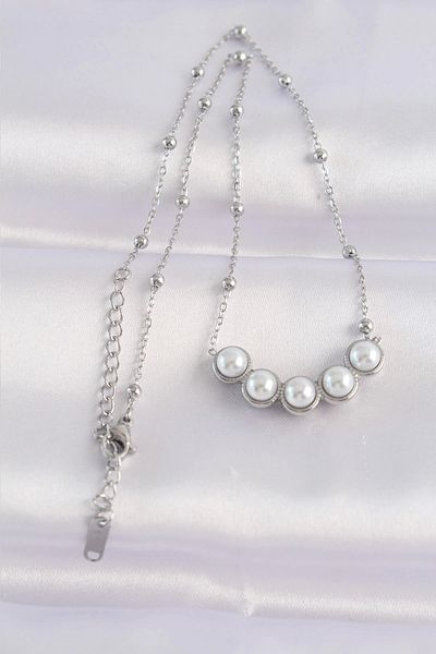 Clariss 316L Steel Chain Silver Color Row Pearl Stone Necklace