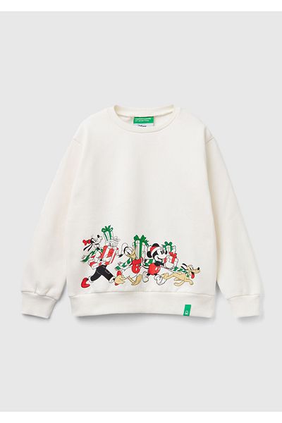 United Colors of Benetton Boy's Ecru Logo Sticker Mickey Mouse Printed Sweatshirt