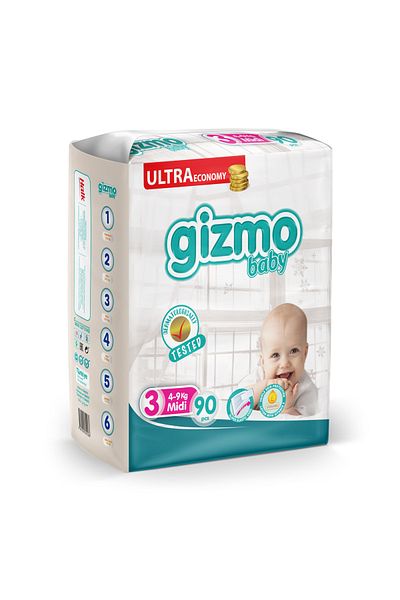 Gizmo Ultra Eco Baby Diapers - Size 3 Midi, 90 Pieces Pack