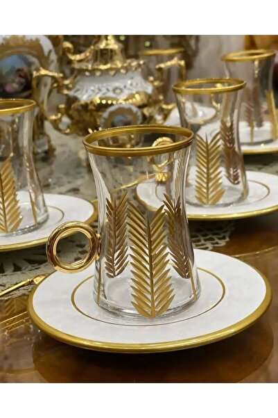 Eslim 12 Parça Gold Detaylı Palmiye Desenli Cam Çay Seti