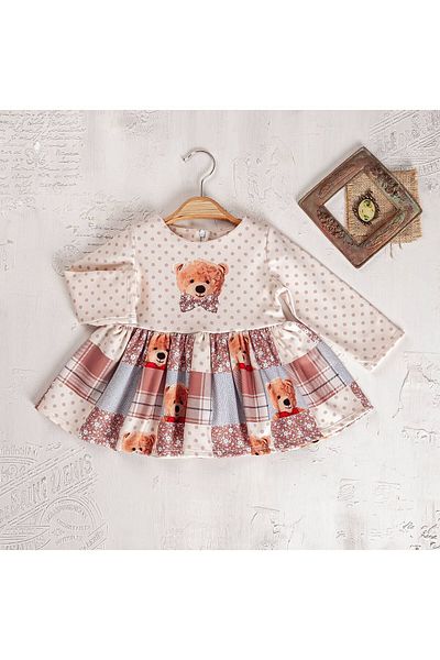Elayza 9-12-18-24 MONTHS BEAR PRINTED PLAID SKIRT DOT GIRL'S DRESS