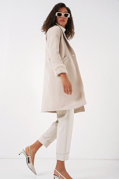 Bigdart 9085 Balık Sırtı Kaşe Kaban - M. Krem