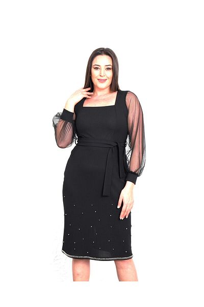 Şirin Butik Fusta neagră de damă de mărime mare Rochie de seară cu detaliu de perle