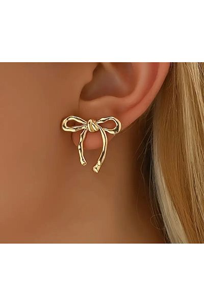 İthal Elegant Women's Earrings with Gold Bow Detail, Earrings
