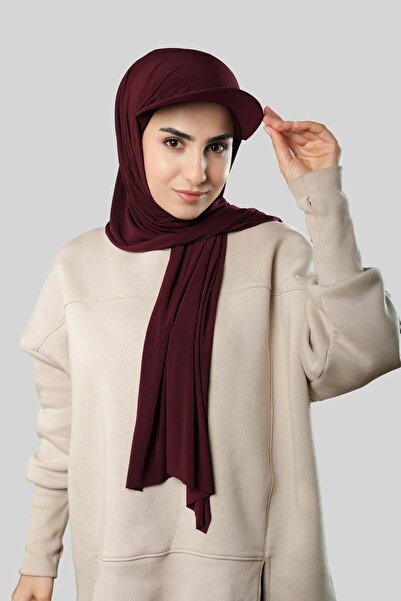 HÜRREM BONE شال حجاب عملي سهل التركيب باللون العنابي مع قبعة ساندي سادة 3008_16