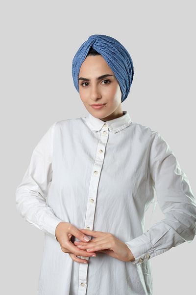HÜRREM BONE Indigo Cross Shirred Pleated Hijab Bonnet Fukuro Self Patterned 2316_34