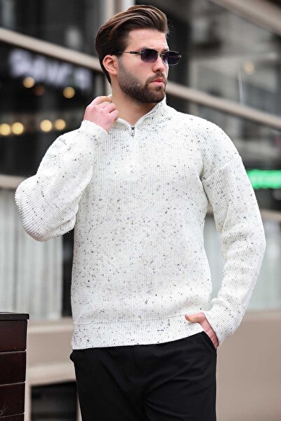 Madmext Ekru Fermuar Yaka Triko Erkek Kazak E7295