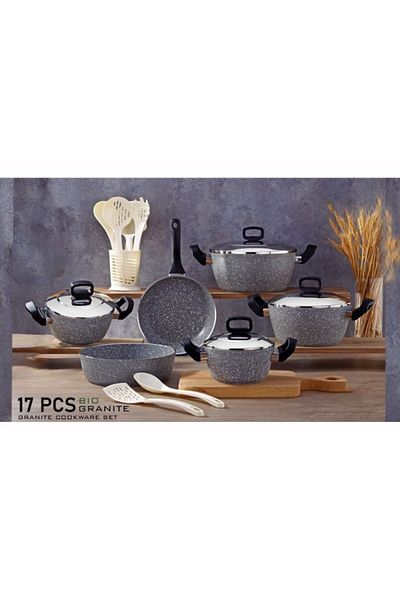 drobina Turkish granite cookware set consisting of 17 pieces grey steel